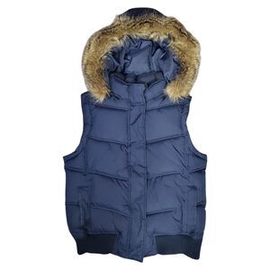 GAP Vest Womens Medium Blue Puffer Down Jacket Faux Fur Trim Hooded Outdoor